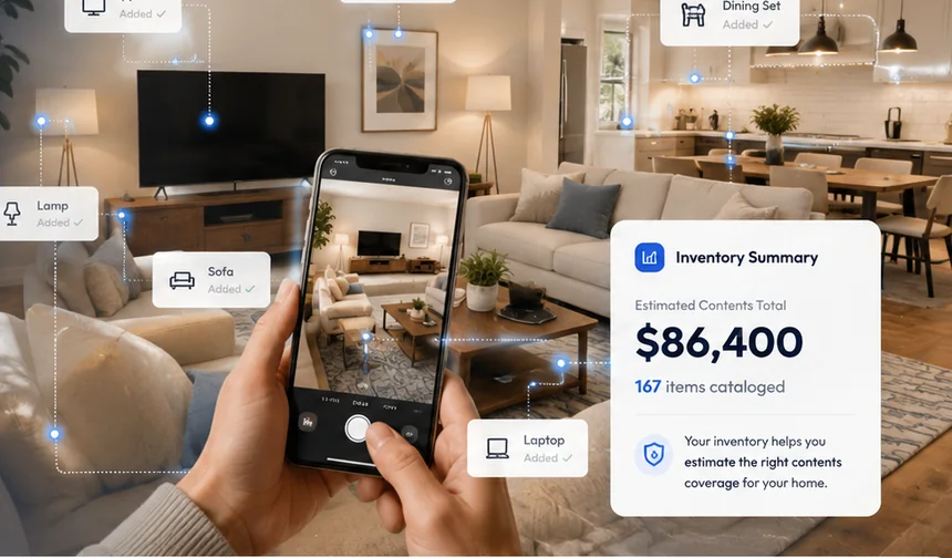 Phone camera scanning a living room while AI adds household items to an inventory summary